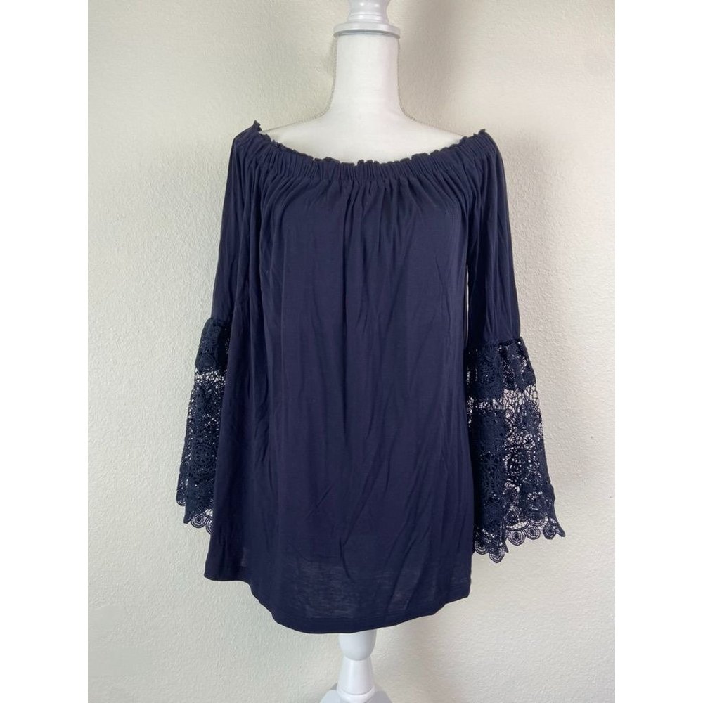LOFT women's large‎ navy lace bell sleeve off shoulder blouse casual stretch